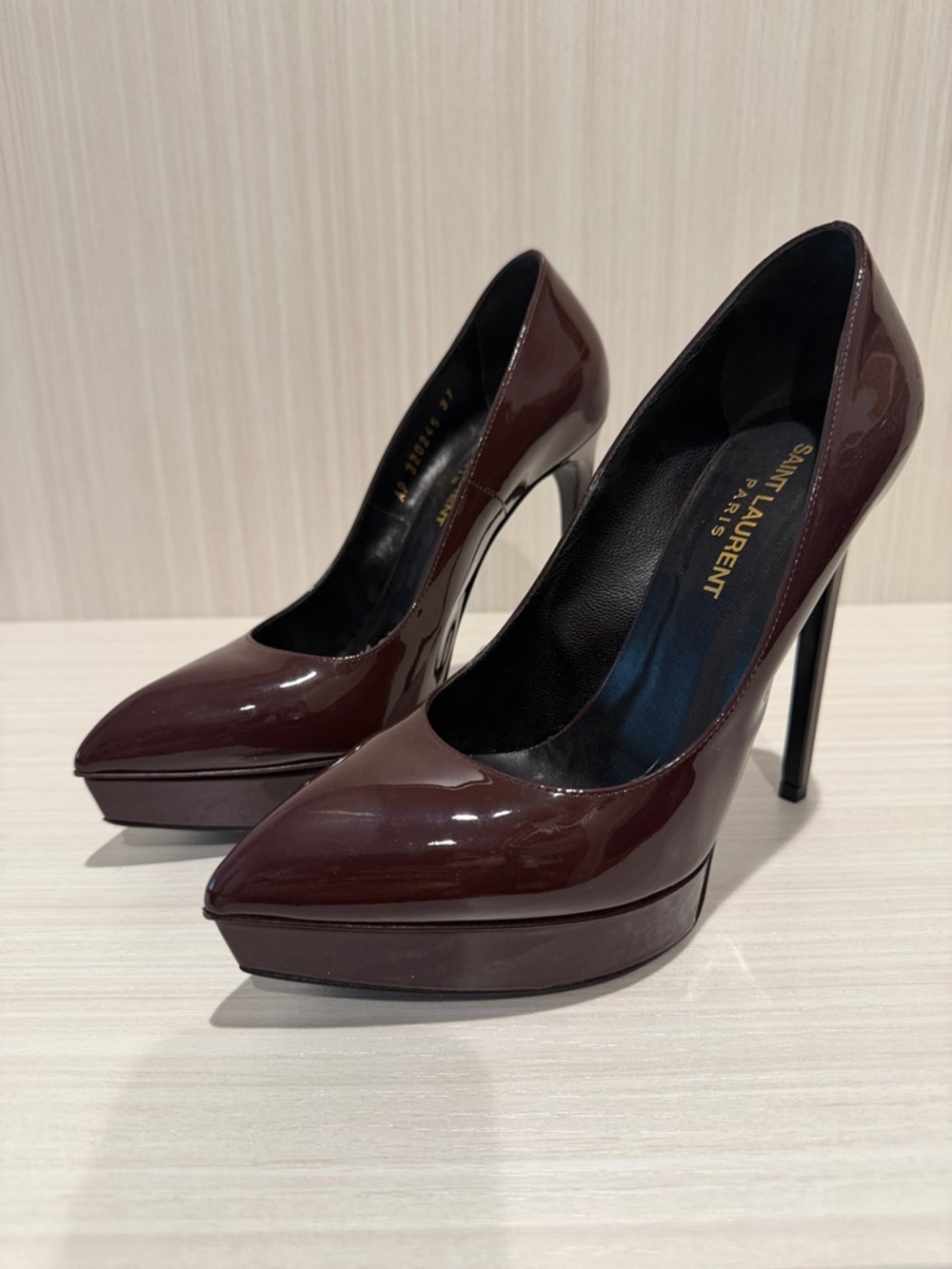 Saint Laurent Patent Leather Platform Pumps in Deep Burgundy w/Box Size 37